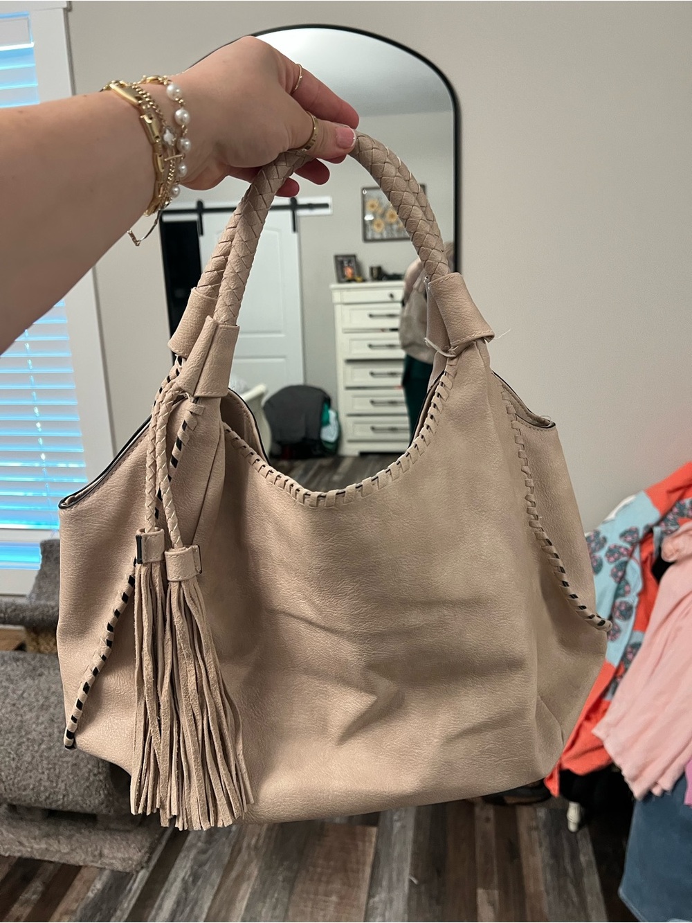 Stylish Neutral Beige Tote Bag with Braided Handle